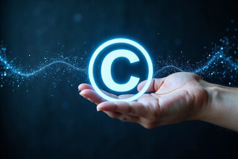 Kéz tart egy szerzői jogi ikont, háttérben digitális adatok áramlanak, a digitális tartalom védelmét szimbolizálva.